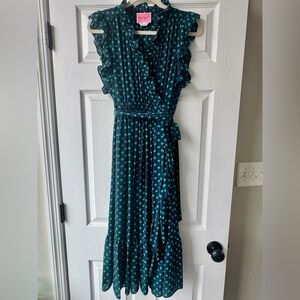 Navy Blue with green Polka Dot Ruffle Wrap Dress